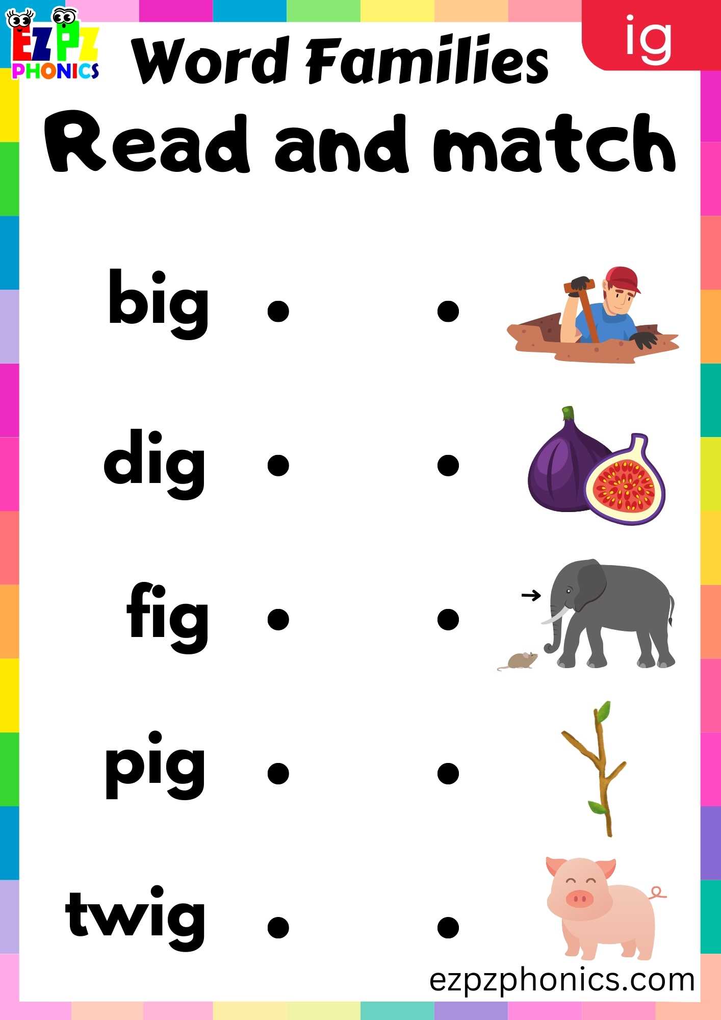 IG Words Read And Match Phonics Word Families Worksheet